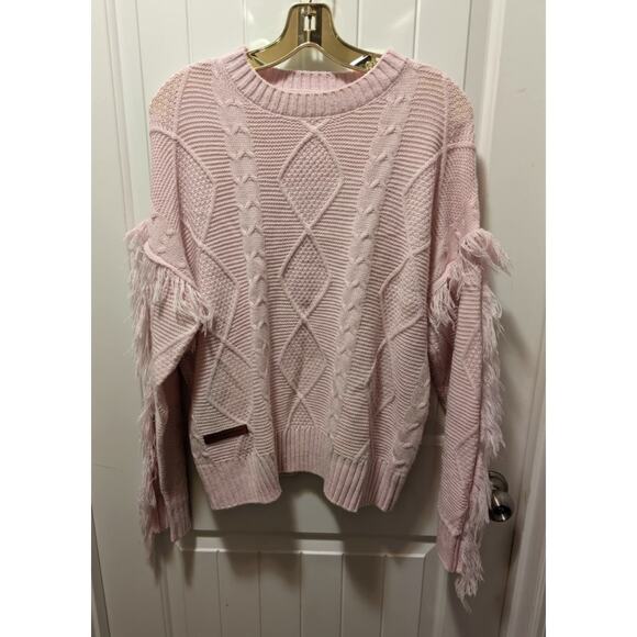 Simply Southern Sweaters - Simply Southern Womens L Fringe Sleeve Pullover Sweater Pink Cable Knit